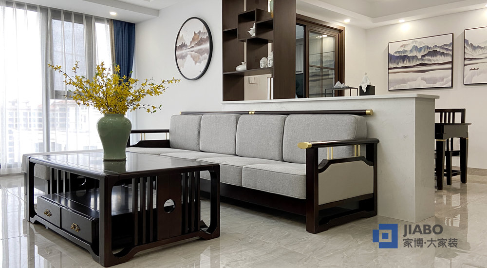 西郡湘山里裝修實景圖新中式風格設(shè)計案例 沙發(fā)背景.jpg